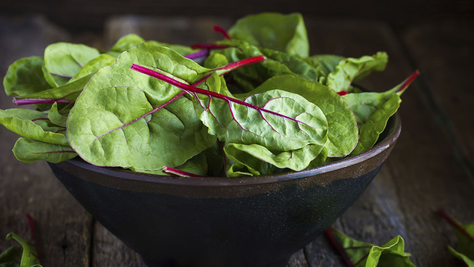 Fresh chard leaves on rustic background