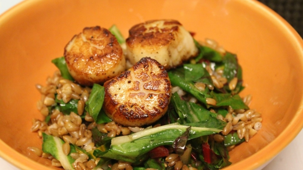 scallops and grains in a yellow bowl