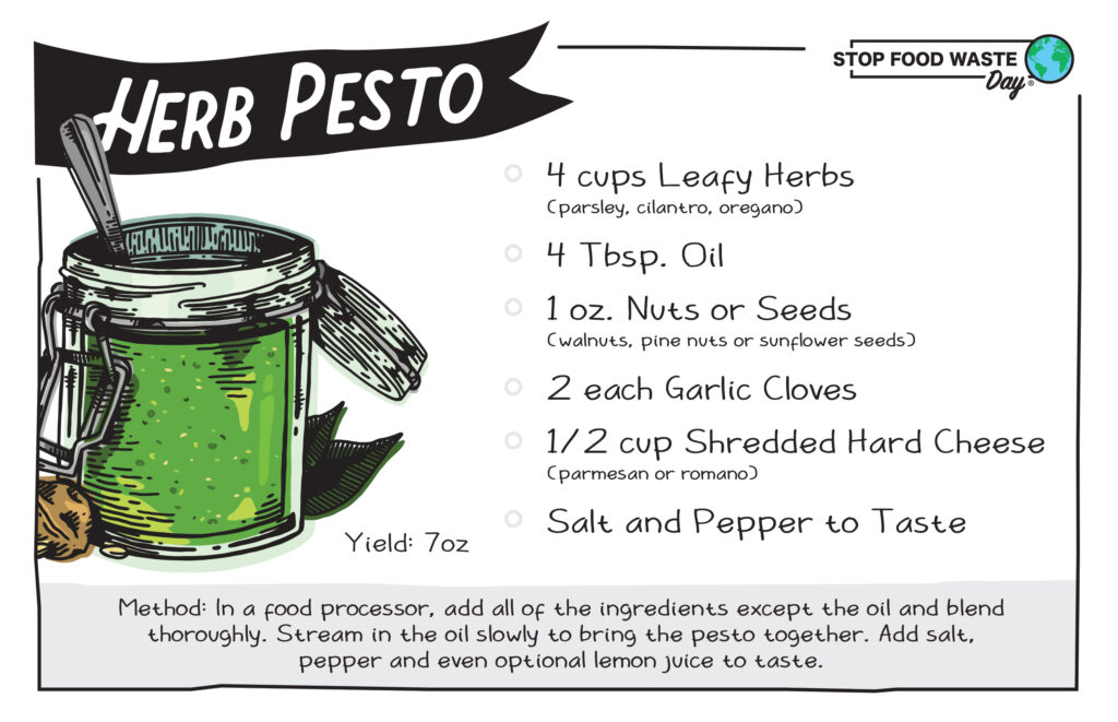Stop Food Waste Day Herb Pesto Recipe Card, illustration of a jar of pesto