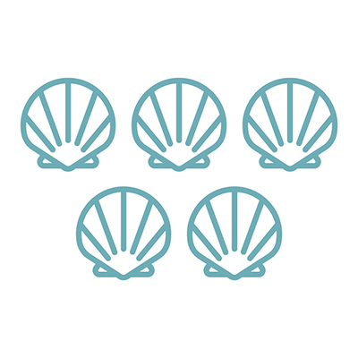 Five stacked graphic icons of fan-shaped seashells
