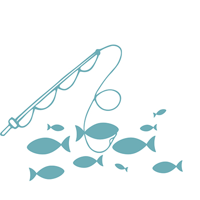Fish illustration, group of fish with fishing pole and line above