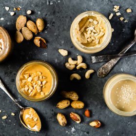 Selection of nut butters – peanut, cashew, almond and sesame seeds