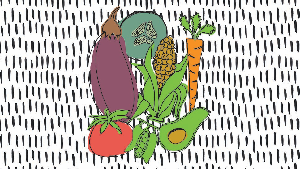 A modern illustration of assorted fruits and vegetables.