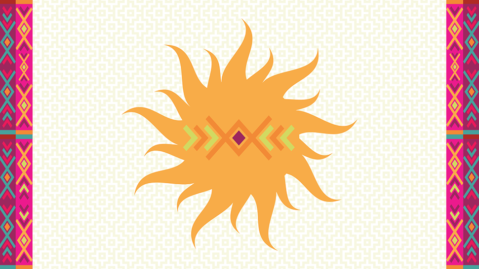 Bright sunburst surrounded by colorful woven borders inspired by traditional patterns.