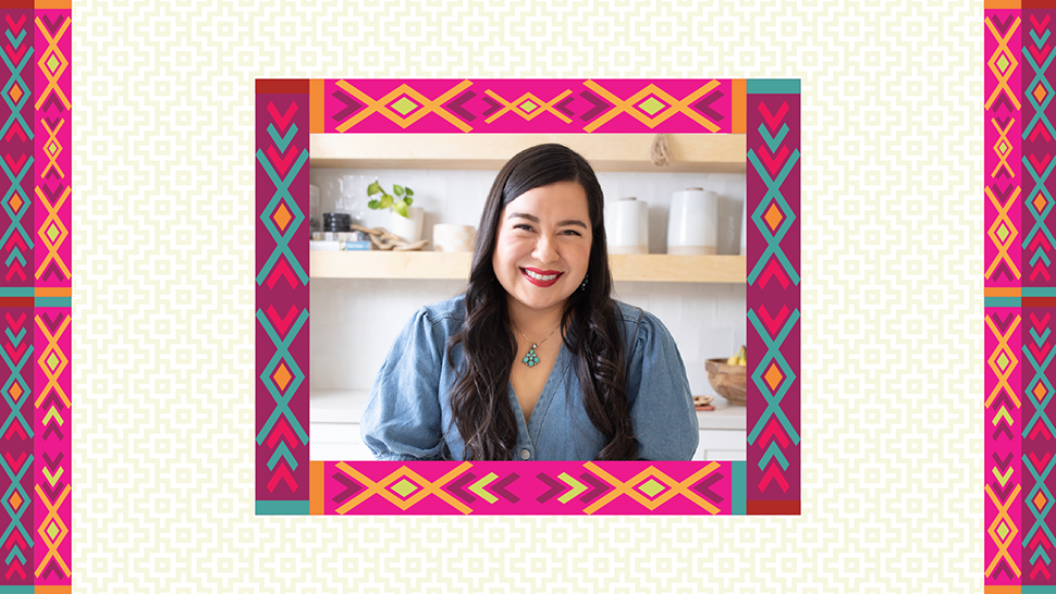 Bright, cheerful portrait of Alana Yazzie framed in colorful patterns celebrating heritage and joy.