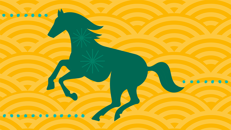 Silhouette of a green horse on a golden patterned background with teal accents, Lunar New Year–inspired graphic illustration
