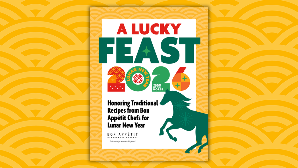 Poster reading ‘A Lucky Feast 2026’ honoring traditional Bon Appétit recipes for Lunar New Year, Year of the Horse.
