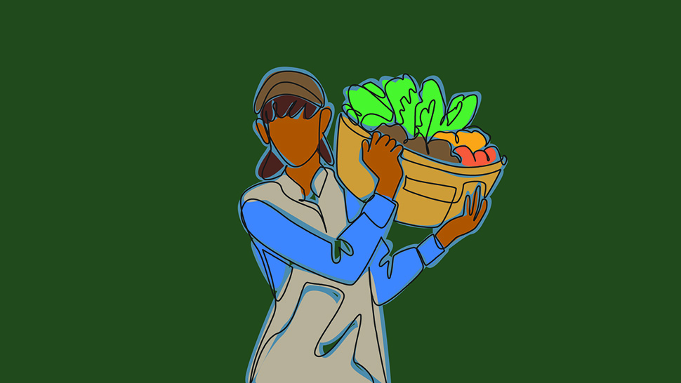 An illustration of a woman carrying a basket on her shoulder that is brimming with colorful vegetables.