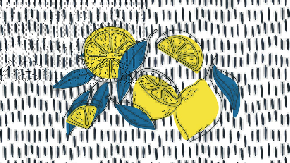 A modern illustration of different cuts of a lemon alongside lemon tree leaves.