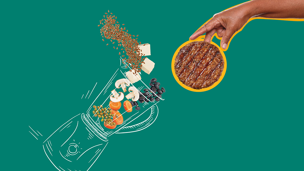Illustration of a blender with plant-based ingredients and a hand holding a veggie burger above it.