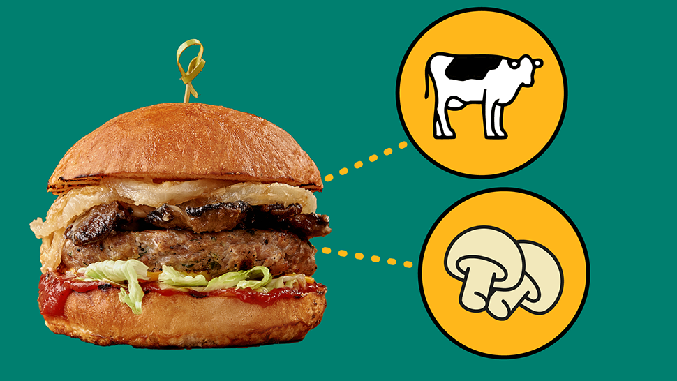 Burger with toppings shown alongside icons of a cow and mushrooms, suggesting a blend of meat and plant-based ingredients.