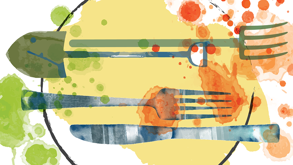 Illustration of plate with fork and knife, splattered with food scraps, symbolizing leftover food.