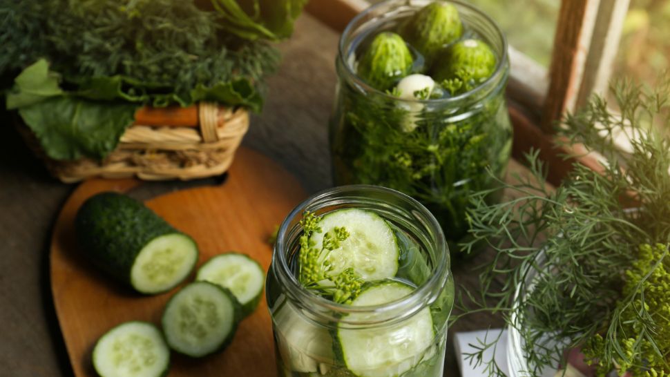 Food items displayed in preparation for canning pickles.