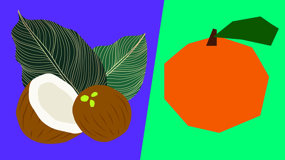Coconuts chill on purple, orange pops on green—tropical vibes, digital style.