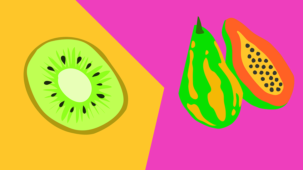 Colorful fruit illustration featuring kiwi and papaya with bold, playful color blocking.