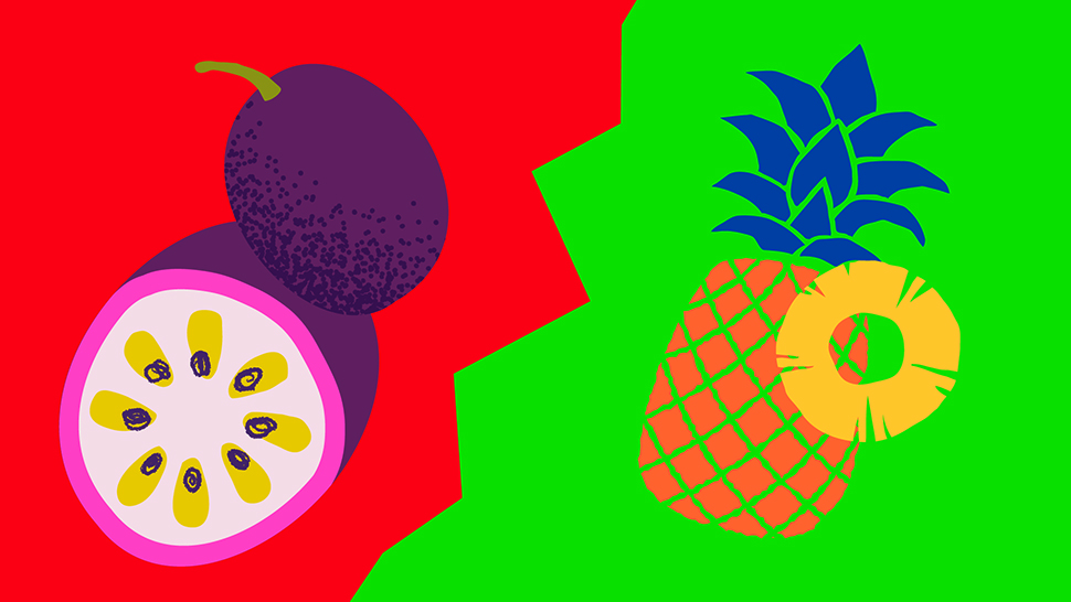 Illustration of passion fruit and pineapple on split red and green background.