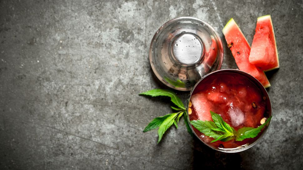 Hydrating watermelon mocktail with mint leaves and metal shaker.