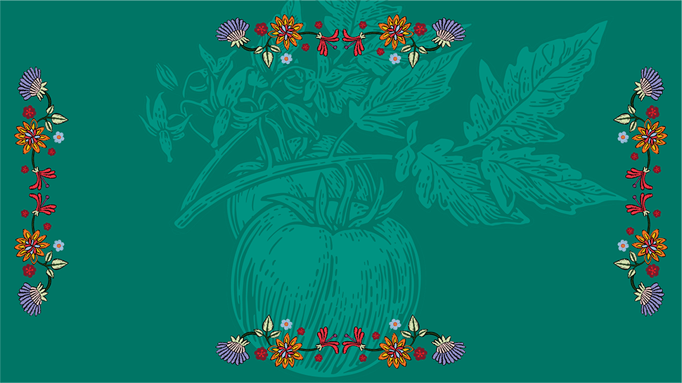 Botanical tomato illustration framed with flowers, celebrating seasonal growth.