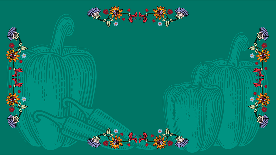 Bright floral border framing sketched peppers and chilies on teal backdrop.