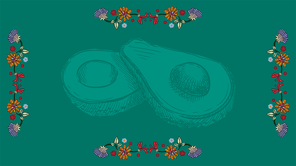 Illustrated avocado halves with floral border on teal background.