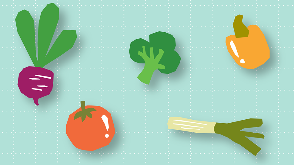 Playful veggie illustrations on a teal grid background highlighting fresh, seasonal foods.