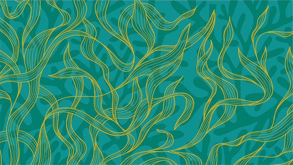Flowing gold and teal seaweed design inspired by ocean textures.