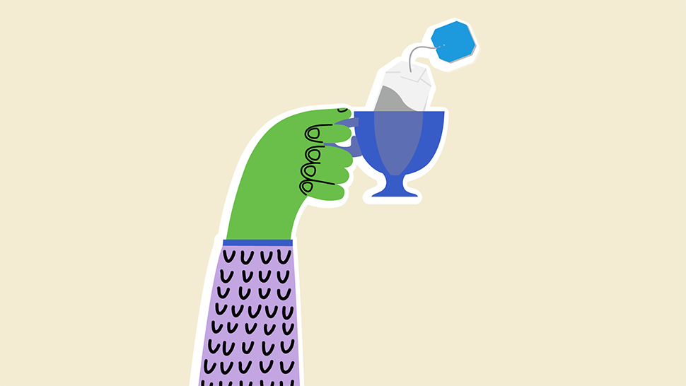Whimsical green hand dipping a tea bag into a blue mug.
 