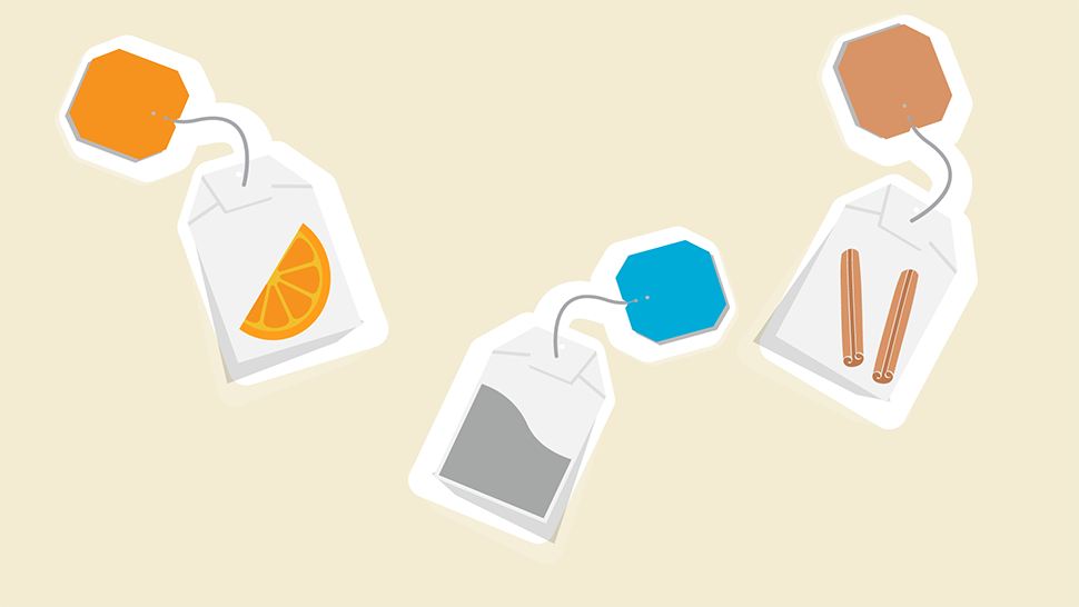 Three illustrated tea bags with colored tags and ingredient icons: orange slice, loose leaf tea, and cinnamon sticks.