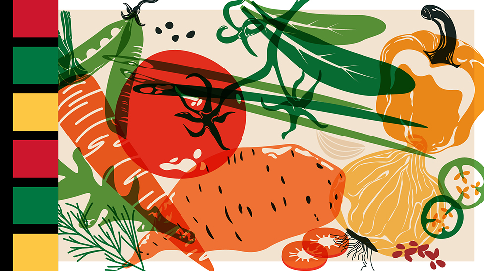 Colorful illustrated collage of vegetables, including carrots, tomatoes, peppers, and greens, arranged in a bold, graphic style.