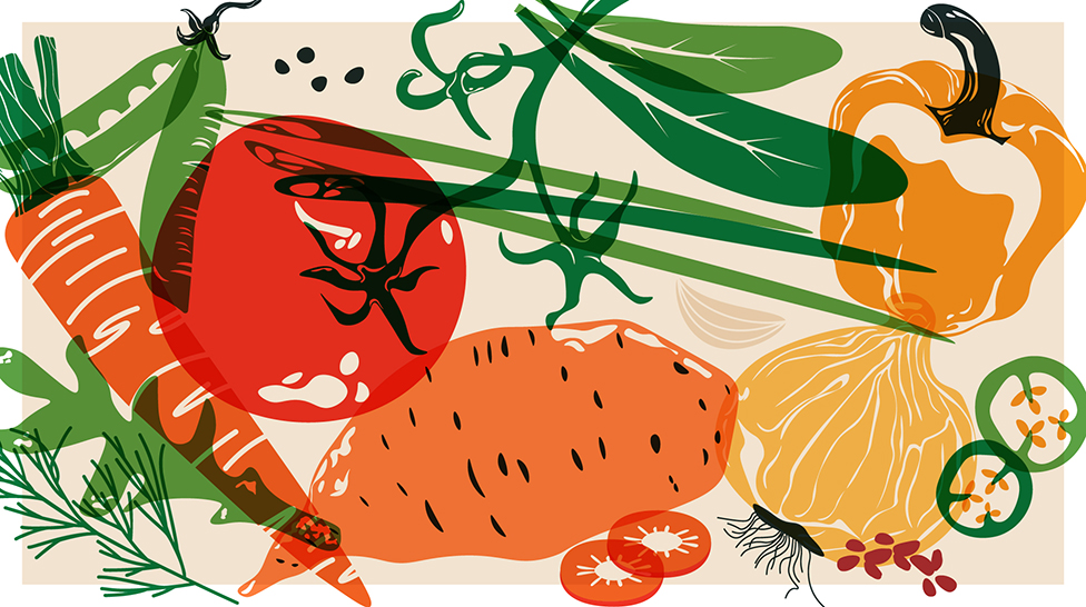 An arrangement of illustrated vegetables within a bold, graphic style, highlighting fresh produce.