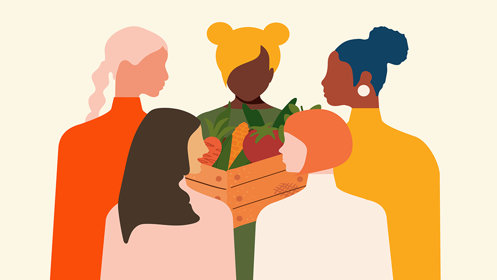 Illustration of diverse women standing together, one holding a crate of fresh vegetables in a show of solidarity.