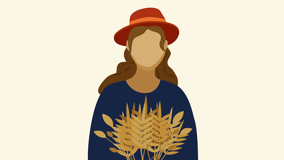 Illustration of a woman in a red hat holding a bundle of wheat, symbolizing agriculture and women farmers.
