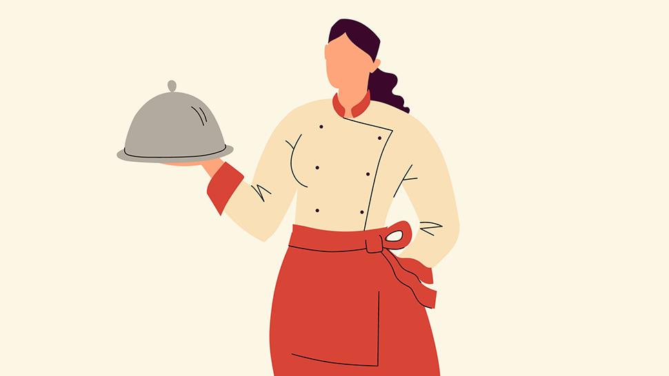 Illustration of a female chef in uniform holding a covered serving tray, representing women in culinary roles.