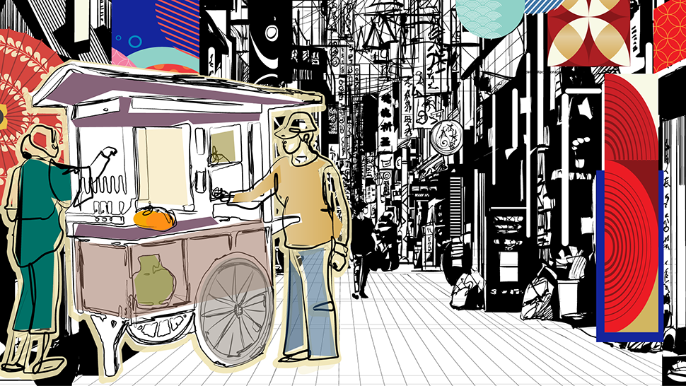 Illustration of a street food cart vendor serving a customer in a busy Asian city street with signage and urban backdrop.