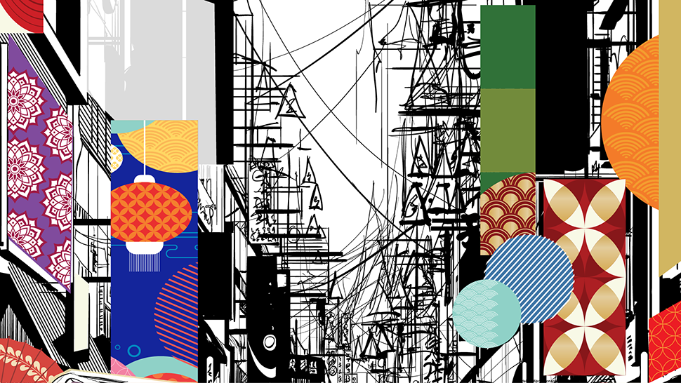 Illustration of dense urban street with overhead wires and colorful geometric patterns inspired by Asian design elements.