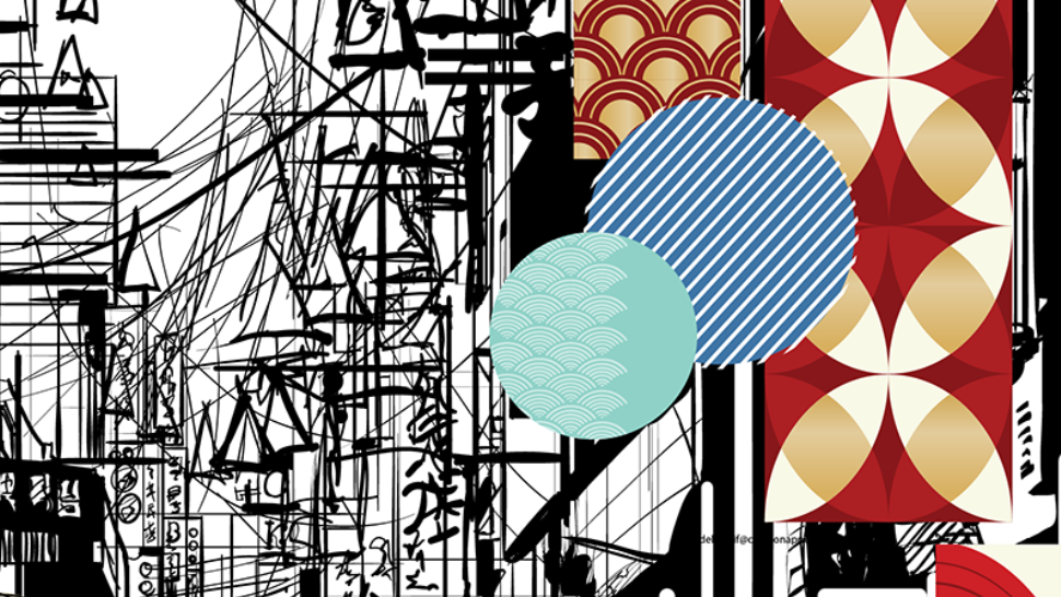 Abstract illustration of urban street lines overlaid with colorful geometric patterns inspired by Asian motifs.