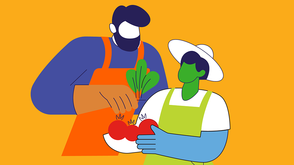 Illustration of two farmers holding fresh vegetables, with bold colorful shapes symbolizing community and agriculture.
