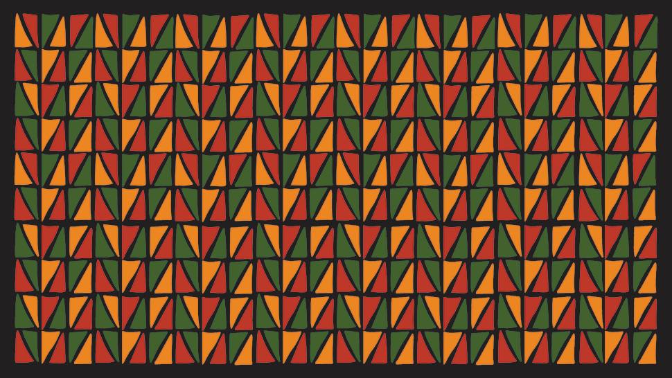 Pattern of vibrant red, green, and gold shapes inspired by African textile designs. 