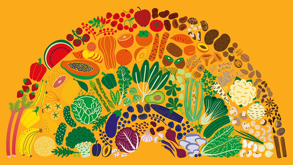 Illustration of diverse fruits, vegetables, grains, and legumes arranged in a colorful rainbow on an orange background.