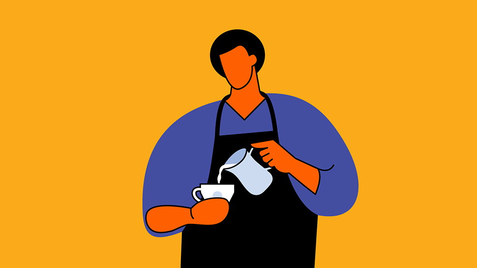 Illustration of a person in an apron pouring milk into a cup against a bold orange background.