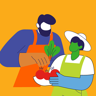 Illustration of two farmers holding fresh vegetables, with bold colorful shapes symbolizing community and agriculture.